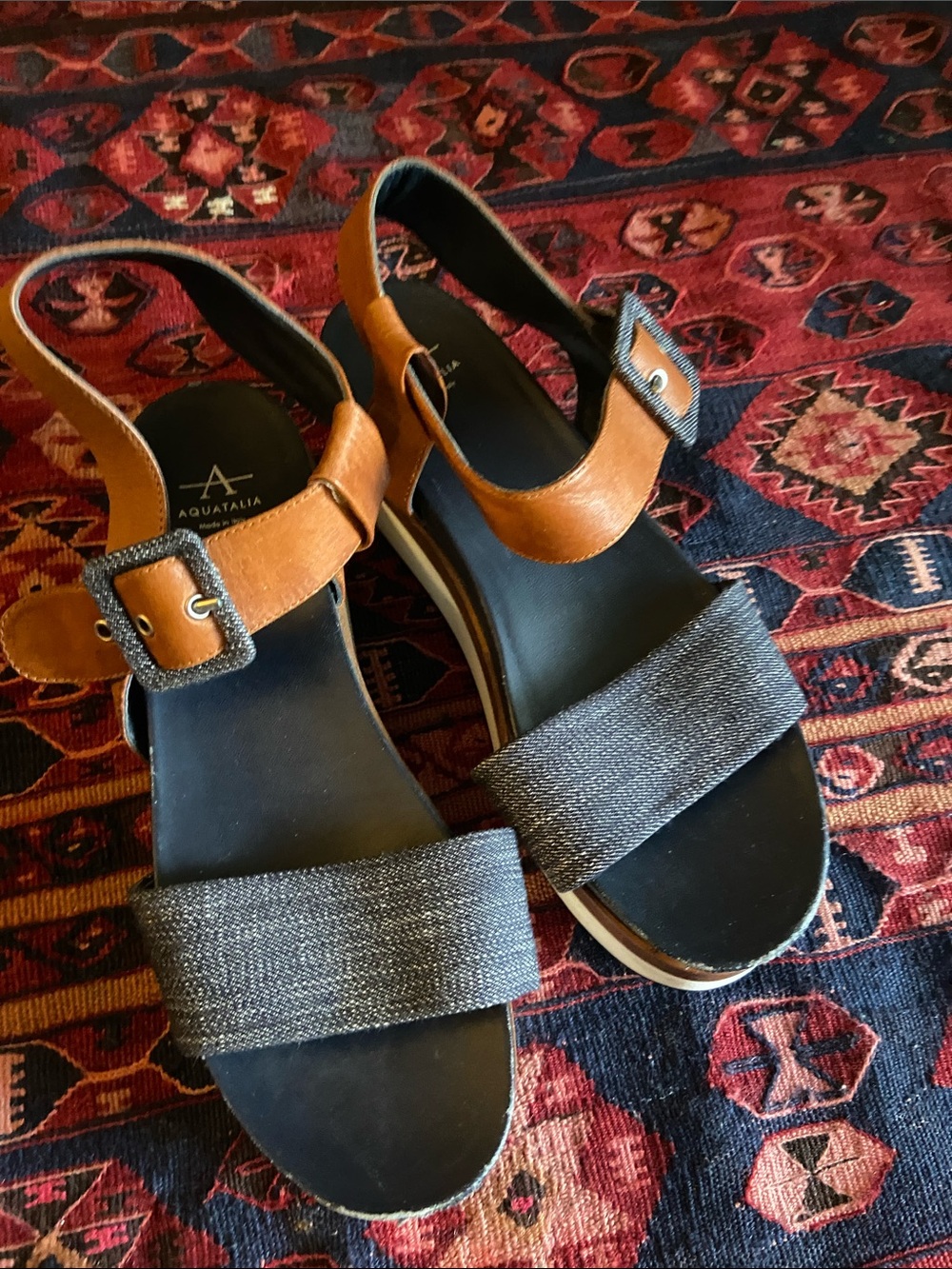 Aquatalia Platform Tan and Black Denim Slingback Sandals